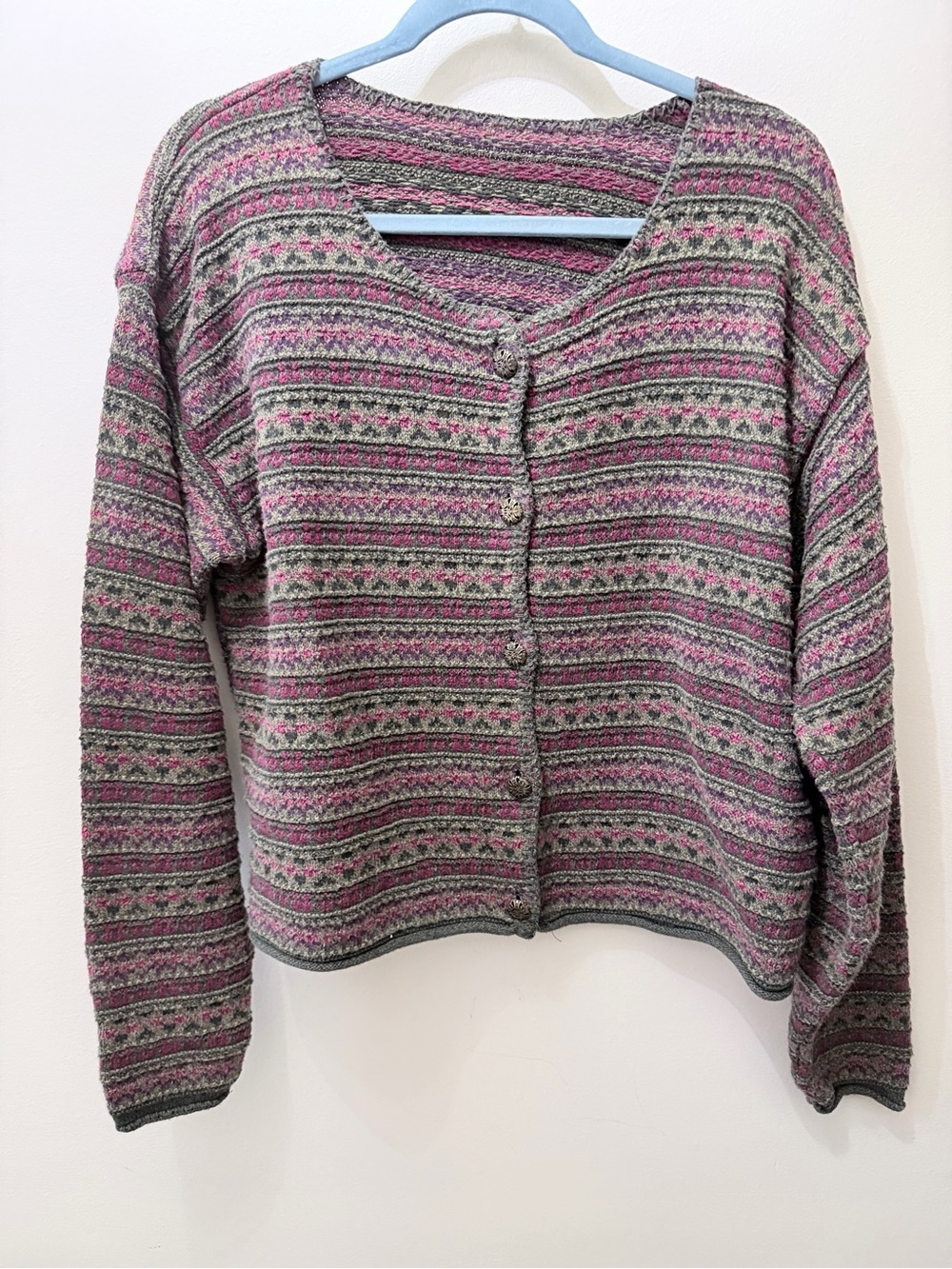 Vintage Fair Isle Cardigan Knit Sweater Metal Buttons Cottage Whimsical Earth XL